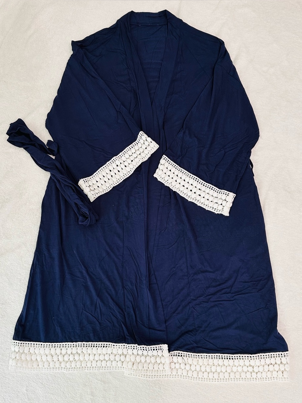 Angel Maternity Set: Navy Blue Lace-Trim Robe with NWT Striped Nightgown M/L - Picture 6 of 12